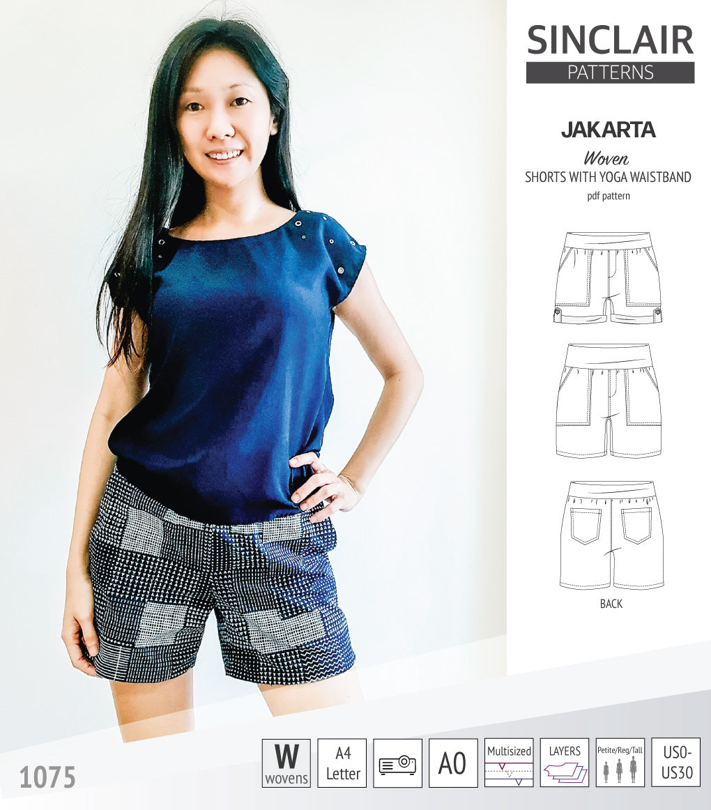Pdf sewing pattern S1075 Jakarta woven shorts with pockets and yoga waistband by Sinclair Patterns