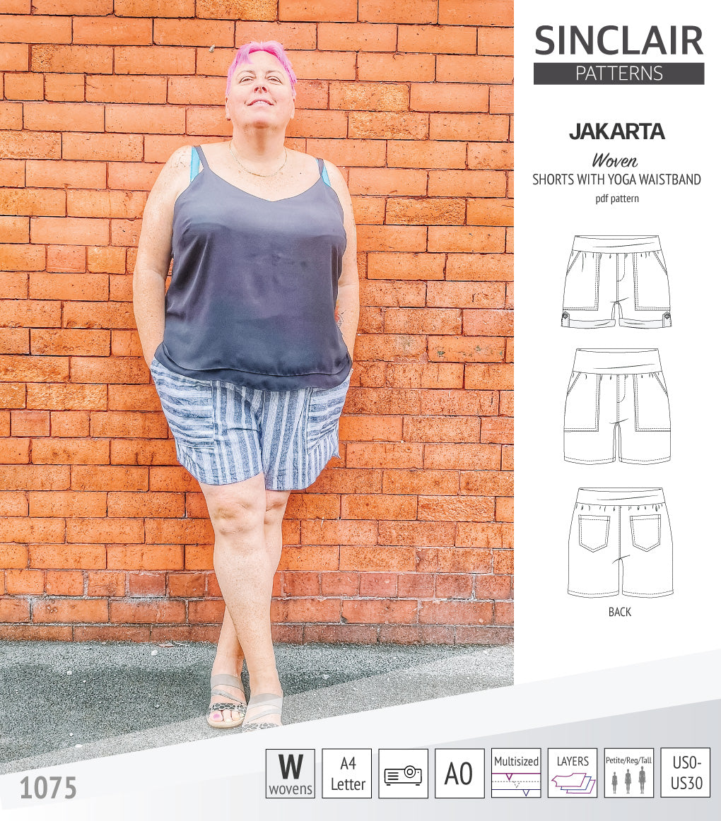 Pdf sewing pattern S1075 Jakarta woven shorts with pockets and yoga waistband by Sinclair Patterns