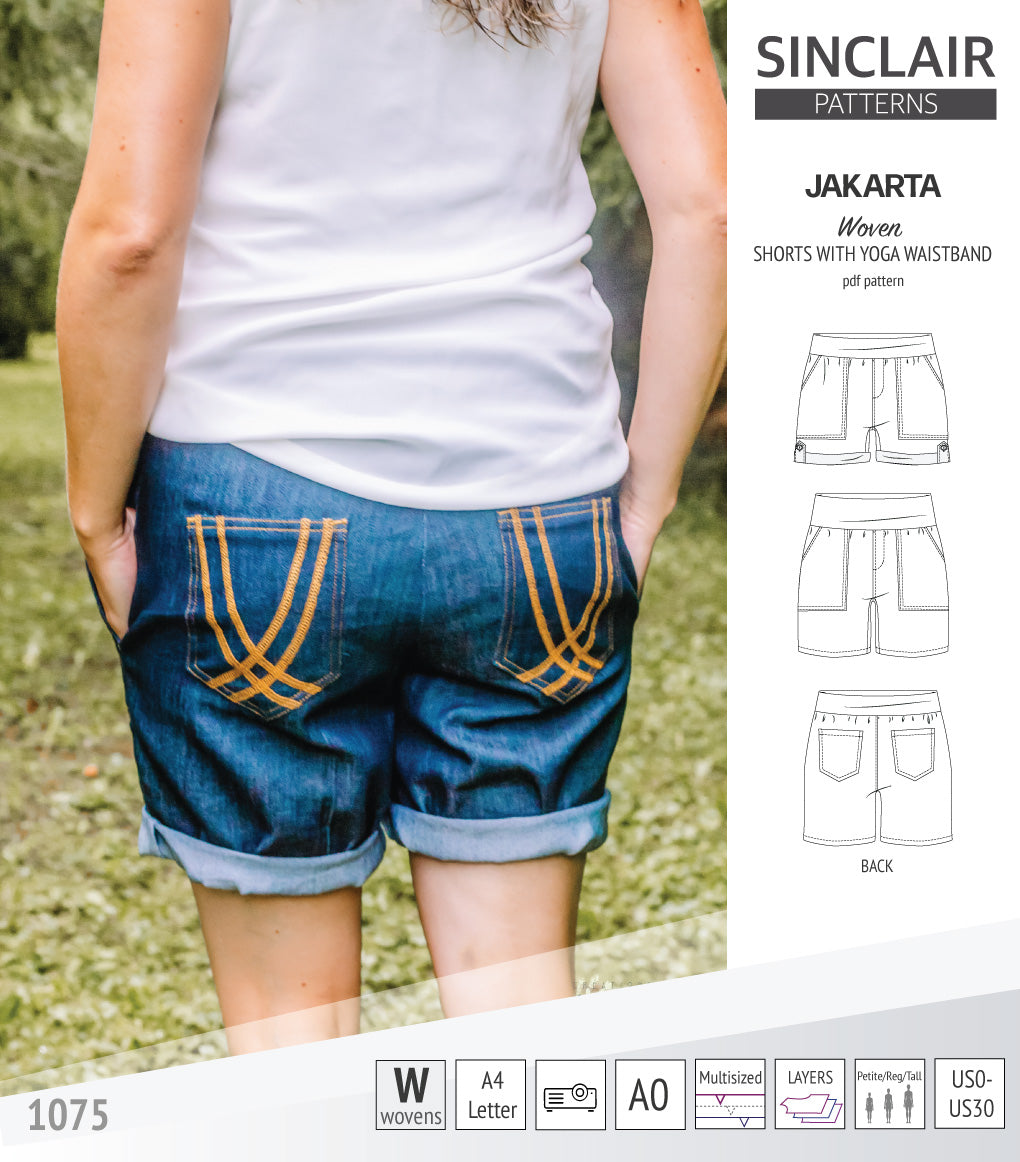 Pdf sewing pattern S1075 Jakarta woven shorts with pockets and yoga waistband by Sinclair Patterns