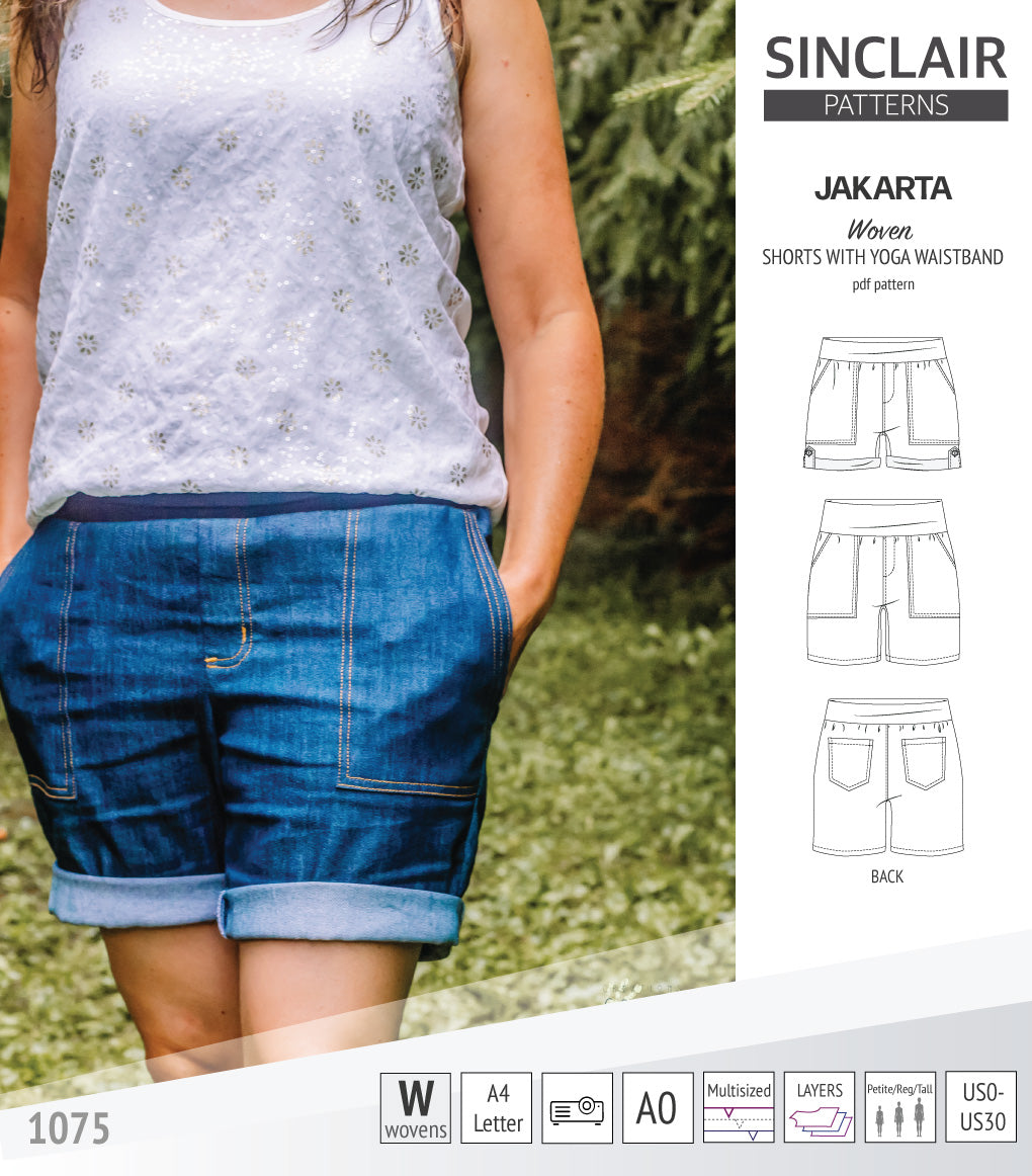 Pdf sewing pattern S1075 Jakarta woven shorts with pockets and yoga waistband by Sinclair Patterns