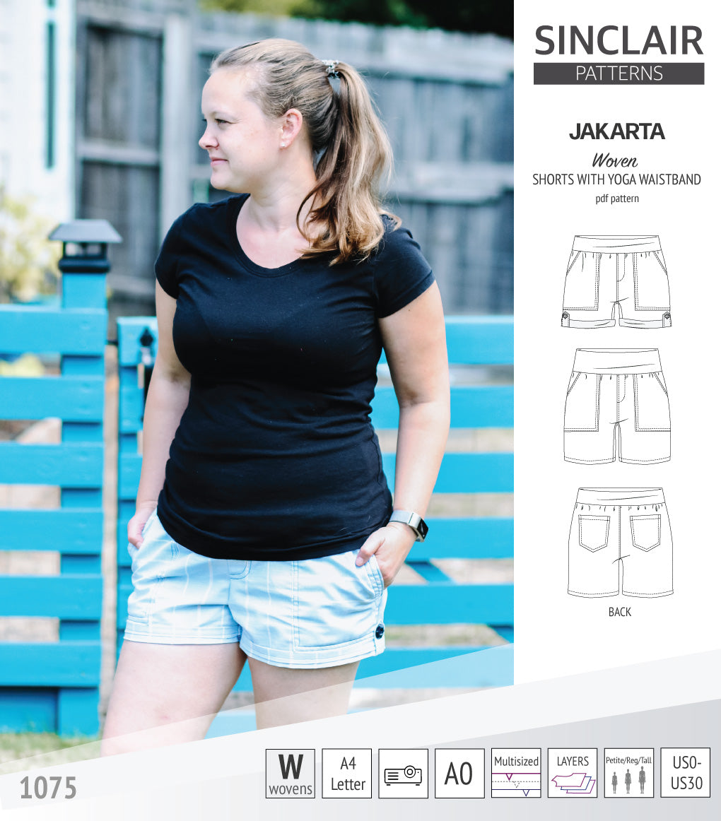 Pdf sewing pattern S1075 Jakarta woven shorts with pockets and yoga waistband by Sinclair Patterns