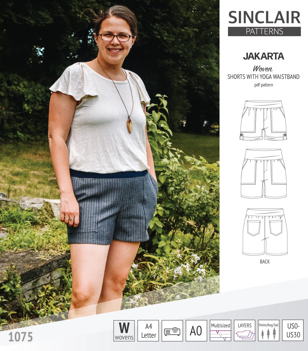 Pdf sewing pattern S1075 Jakarta woven shorts with pockets and yoga waistband by Sinclair Patterns