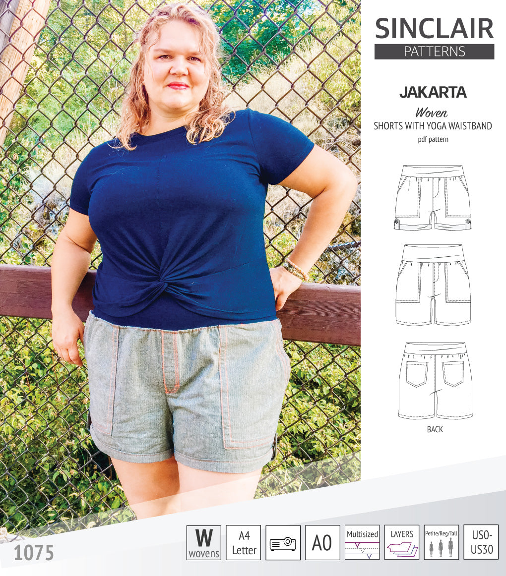 Pdf sewing pattern S1075 Jakarta woven shorts with pockets and yoga waistband by Sinclair Patterns