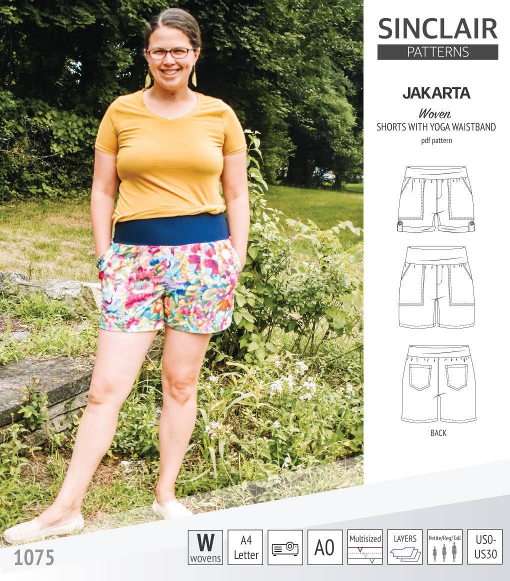 Pdf sewing pattern S1075 Jakarta woven shorts with pockets and yoga waistband by Sinclair Patterns