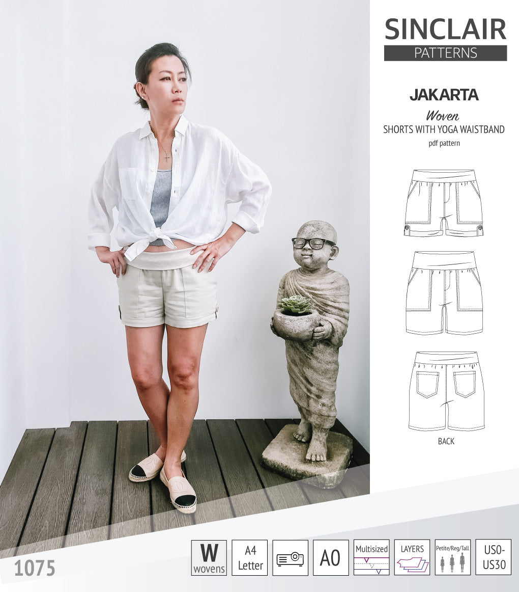 Pdf sewing pattern S1075 Jakarta woven shorts with pockets and yoga waistband by Sinclair Patterns