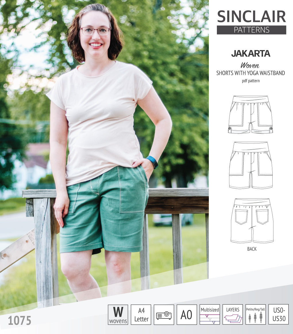 Pdf sewing pattern S1075 Jakarta woven shorts with pockets and yoga waistband by Sinclair Patterns