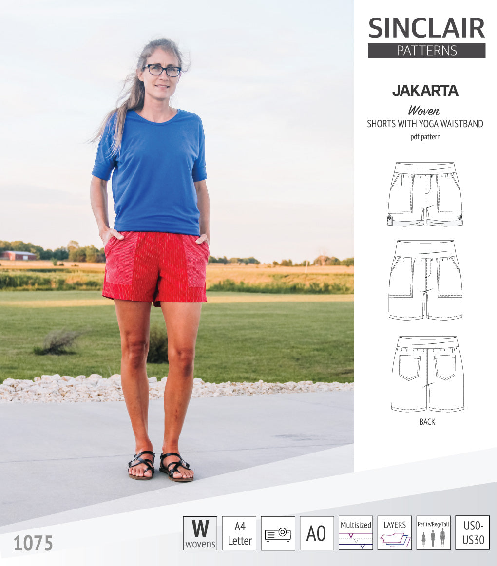 Pdf sewing pattern S1075 Jakarta woven shorts with pockets and yoga waistband by Sinclair Patterns