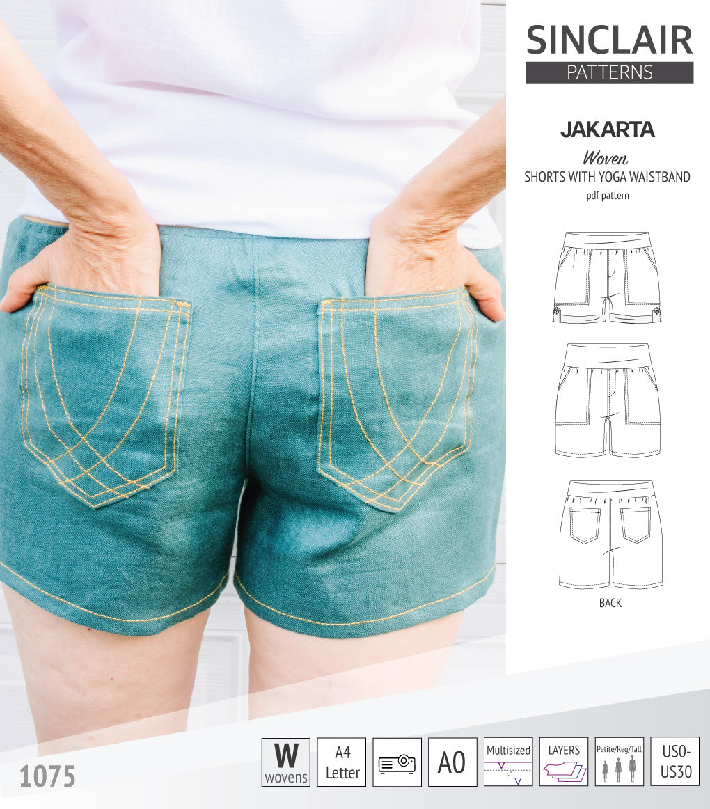 Pdf sewing pattern S1075 Jakarta woven shorts with pockets and yoga waistband by Sinclair Patterns
