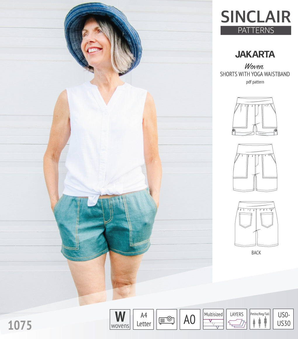 Pdf sewing pattern S1075 Jakarta woven shorts with pockets and yoga waistband by Sinclair Patterns