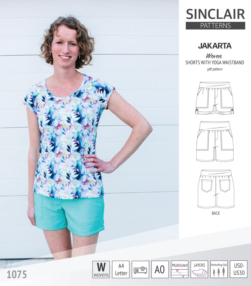 Pdf sewing pattern S1075 Jakarta woven shorts with pockets and yoga waistband by Sinclair Patterns
