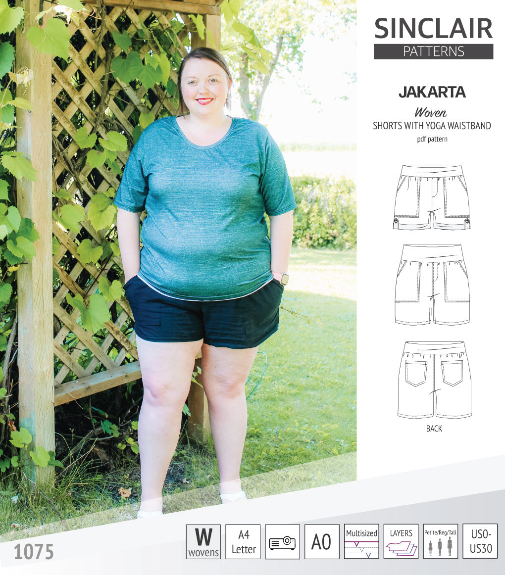 Pdf sewing pattern S1075 Jakarta woven shorts with pockets and yoga waistband by Sinclair Patterns