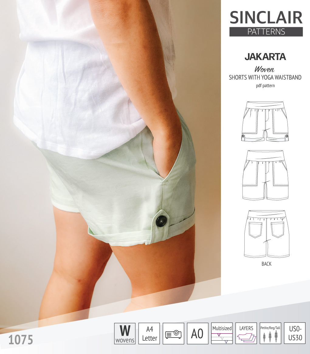 Pdf sewing pattern S1075 Jakarta woven shorts with pockets and yoga waistband by Sinclair Patterns