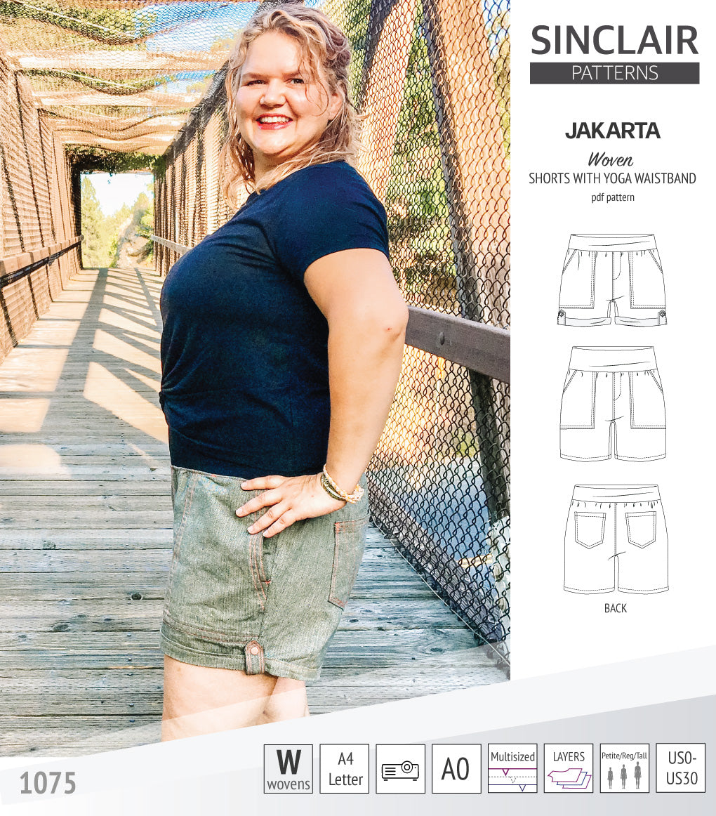 Pdf sewing pattern S1075 Jakarta woven shorts with pockets and yoga waistband by Sinclair Patterns