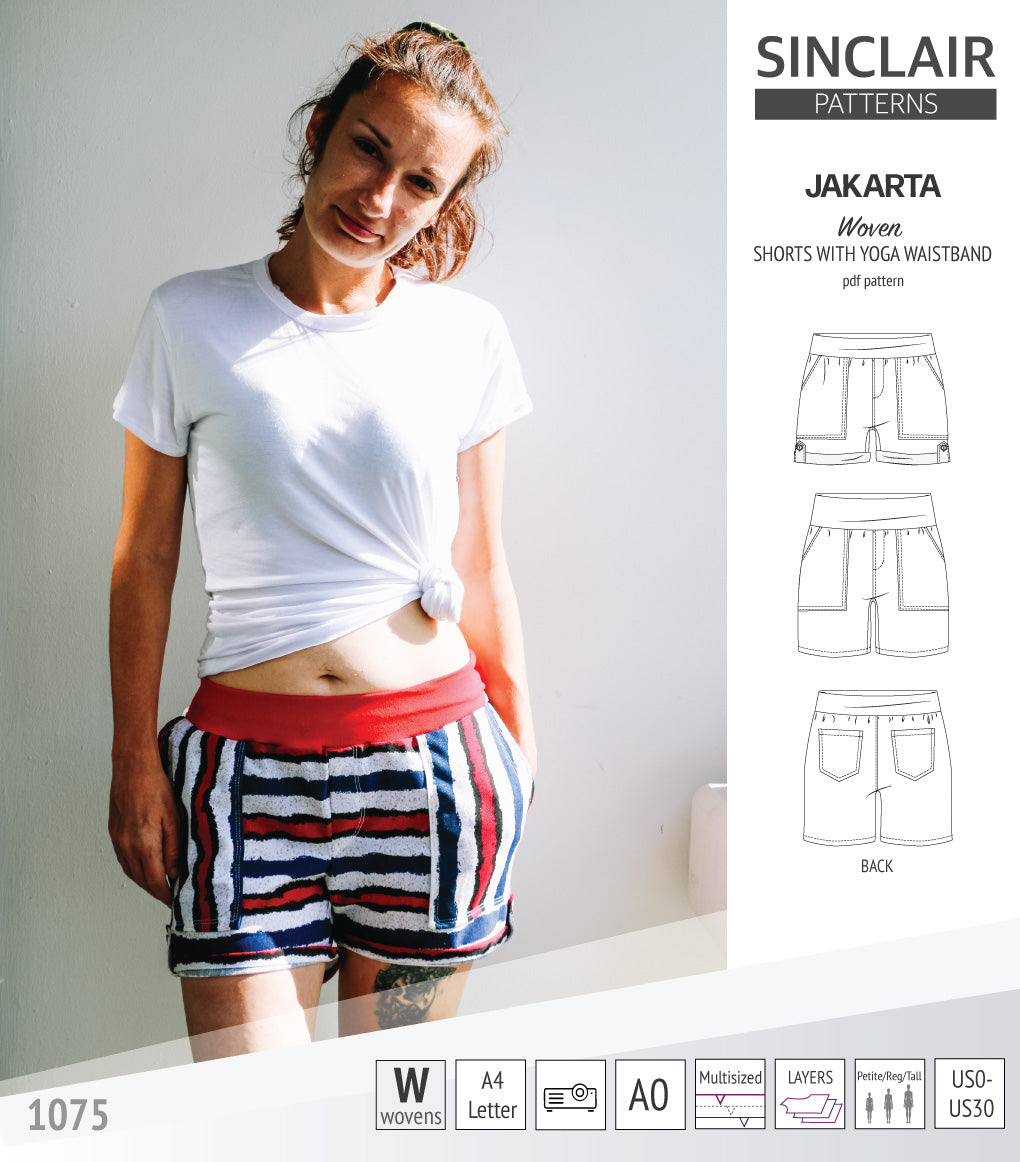 Pdf sewing pattern S1075 Jakarta woven shorts with pockets and yoga waistband by Sinclair Patterns