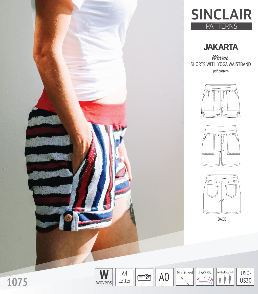 Pdf sewing pattern S1075 Jakarta woven shorts with pockets and yoga waistband by Sinclair Patterns