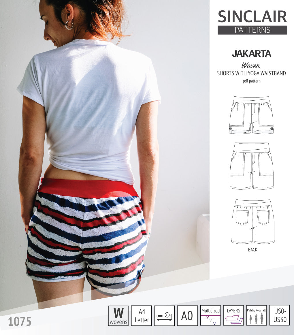 Pdf sewing pattern S1075 Jakarta woven shorts with pockets and yoga waistband by Sinclair Patterns