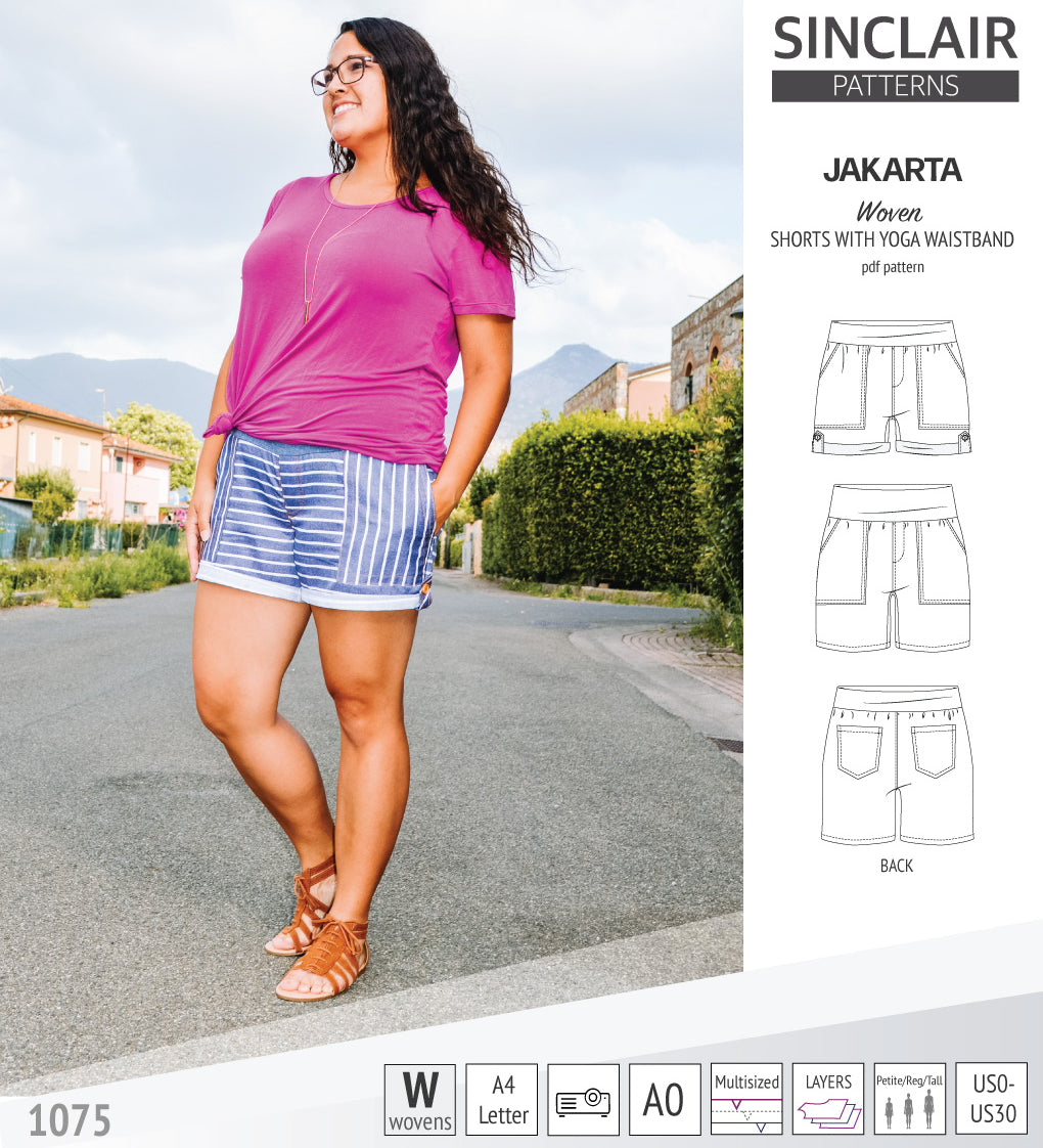 Pdf sewing pattern S1075 Jakarta woven shorts with pockets and yoga waistband by Sinclair Patterns