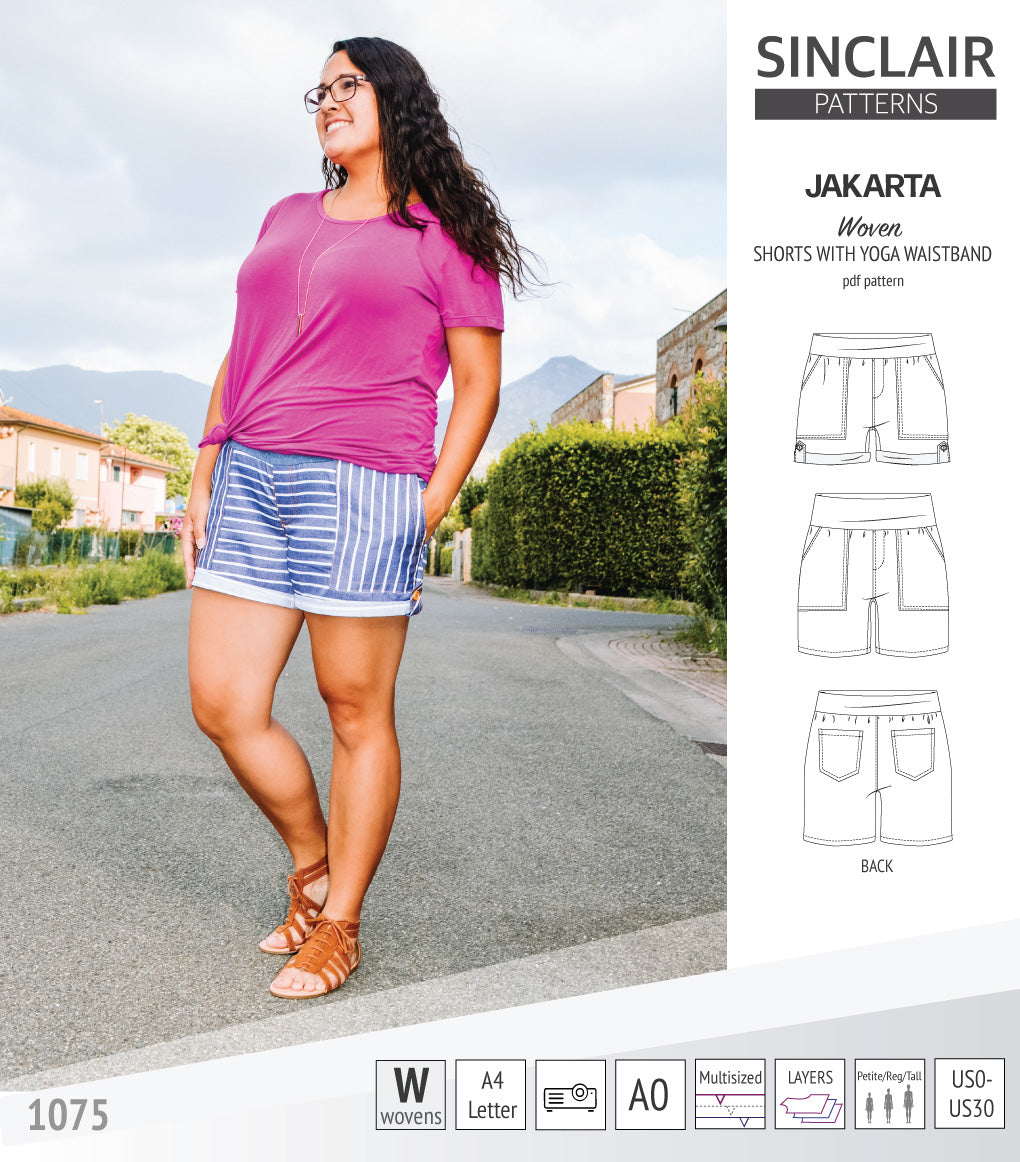 Pdf sewing pattern S1075 Jakarta woven shorts with pockets and yoga waistband by Sinclair Patterns