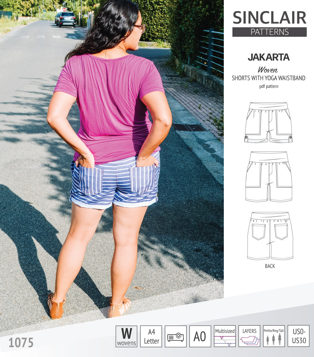 Pdf sewing pattern S1075 Jakarta woven shorts with pockets and yoga waistband by Sinclair Patterns