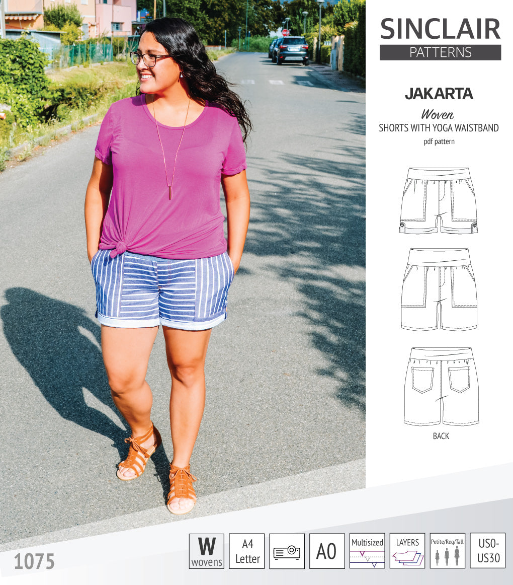Pdf sewing pattern S1075 Jakarta woven shorts with pockets and yoga waistband by Sinclair Patterns