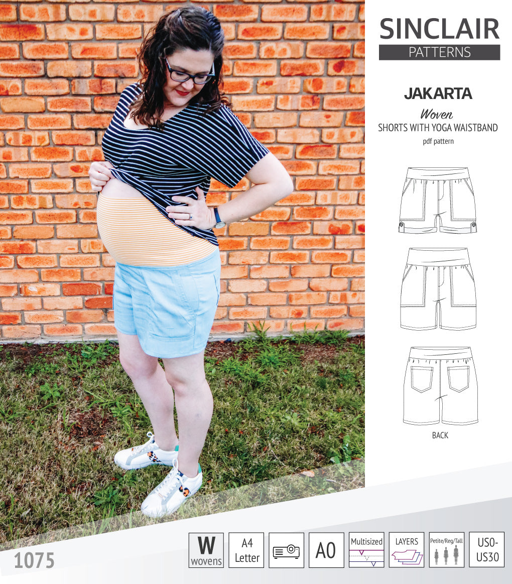 Pdf sewing pattern S1075 Jakarta woven shorts with pockets and yoga waistband by Sinclair Patterns