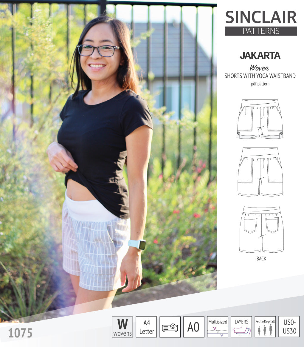Pdf sewing pattern S1075 Jakarta woven shorts with pockets and yoga waistband by Sinclair Patterns