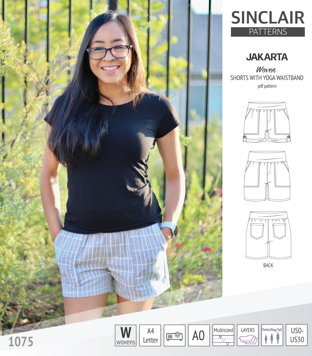 Pdf sewing pattern S1075 Jakarta woven shorts with pockets and yoga waistband by Sinclair Patterns