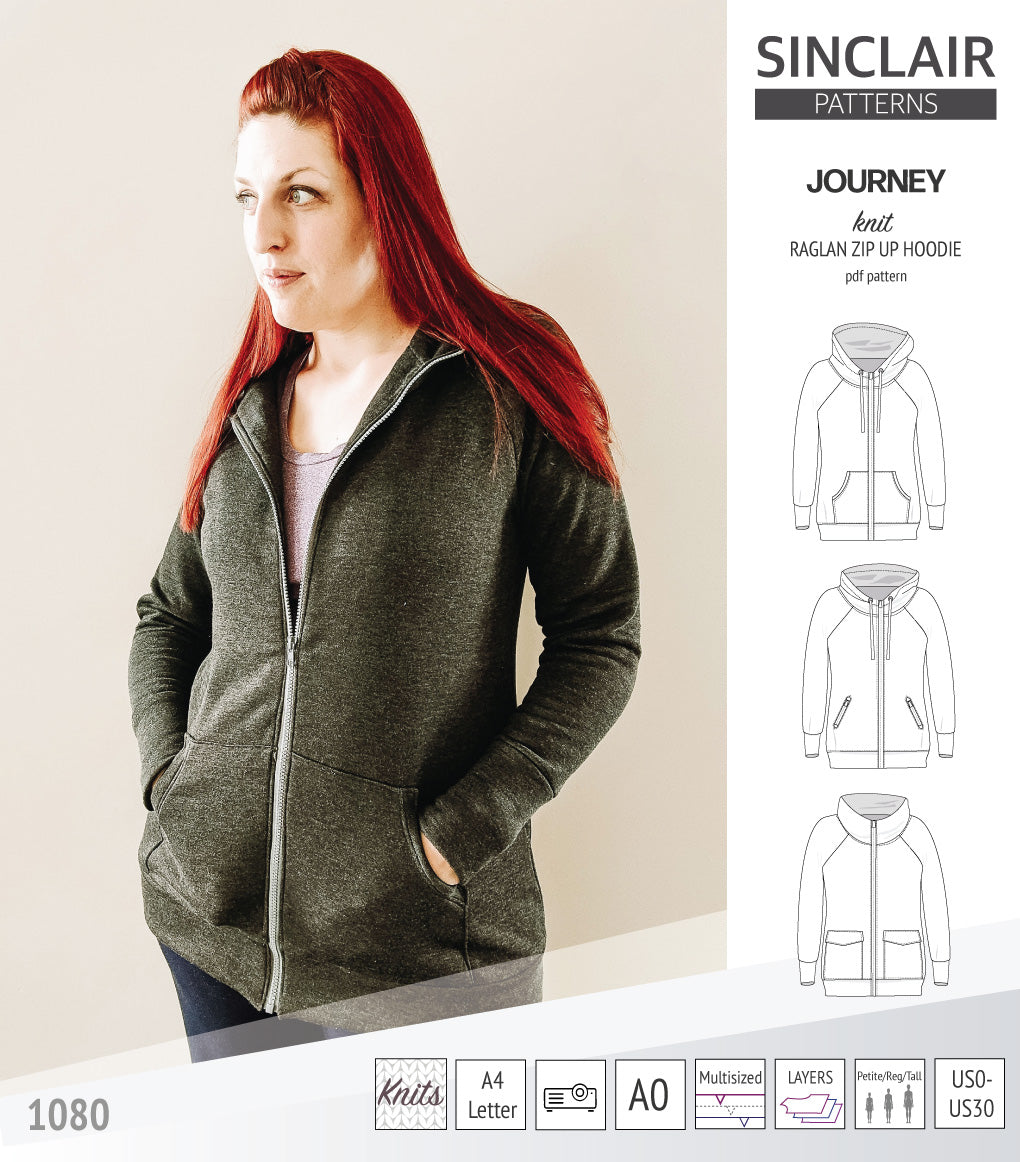 Journey zip up knit raglan hoodie with different pocket styles PDF Sinclair Patterns