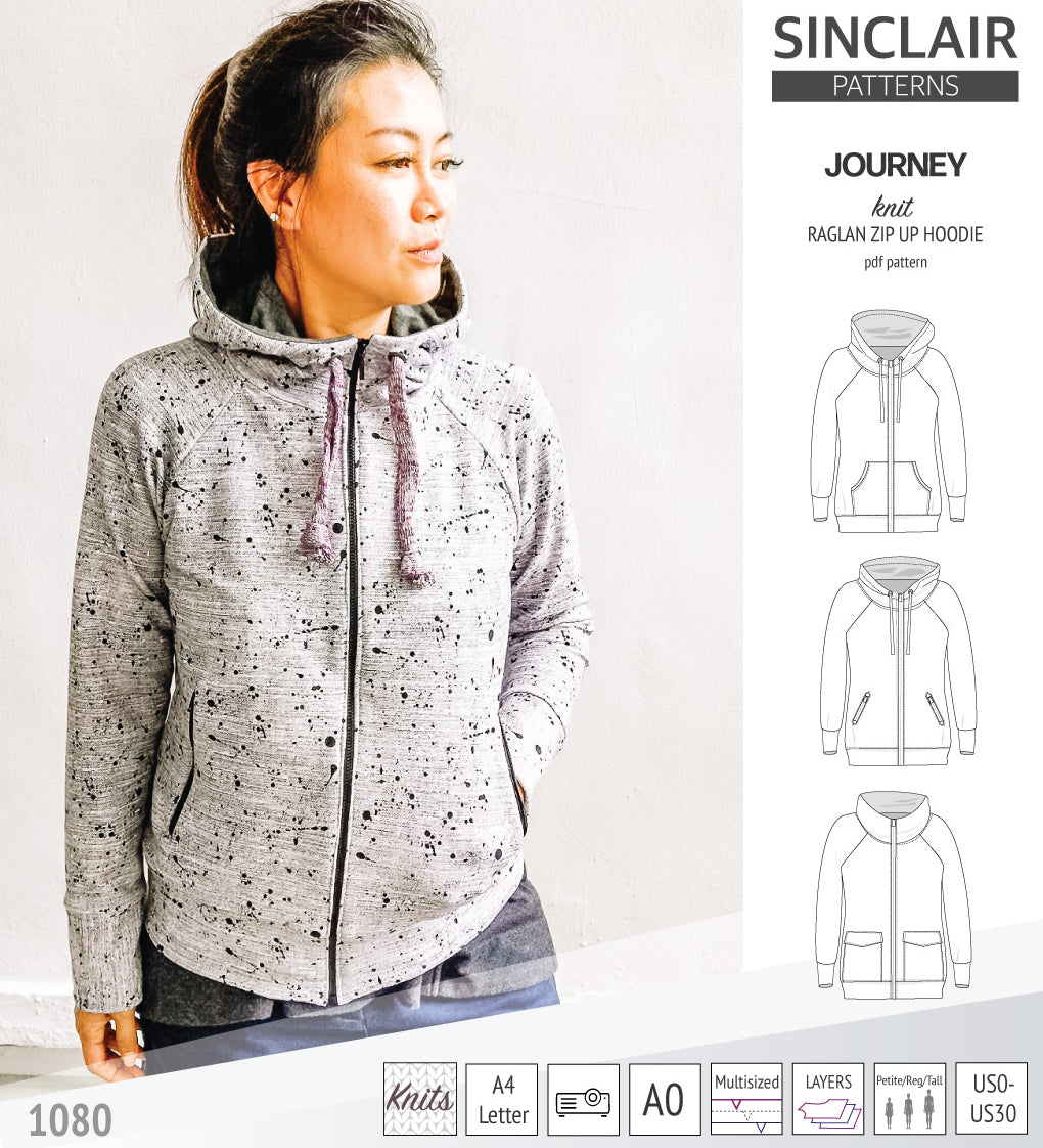 Sinclair Patterns S1080 Journey zip up zippered knit raglan hoodie for women with kangaroo, zippered or cargo pockets pdf sewing pattern