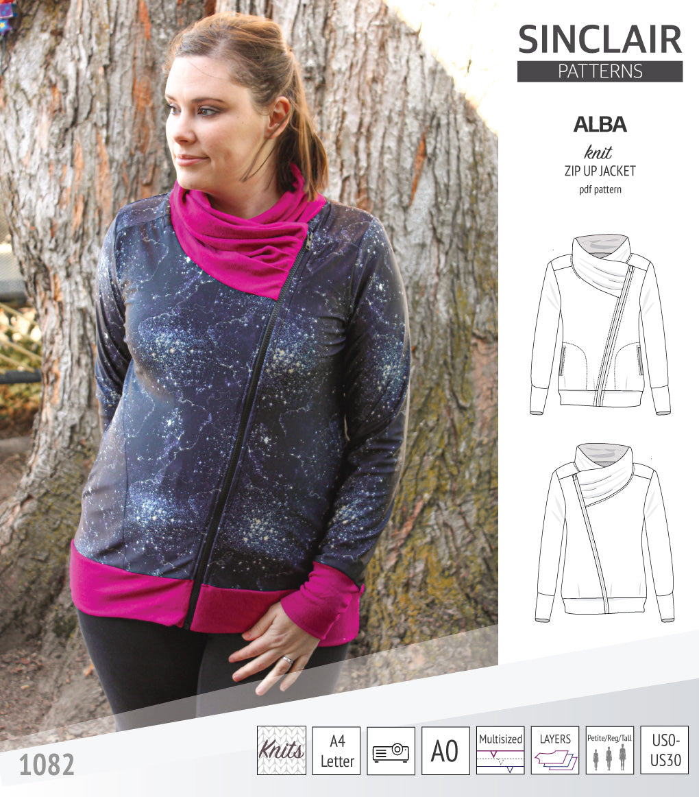 Sinclair Patterns S1082 Alba asymmetrical zip up zipper hoodie jacket for women with pockets pdf sewing pattern