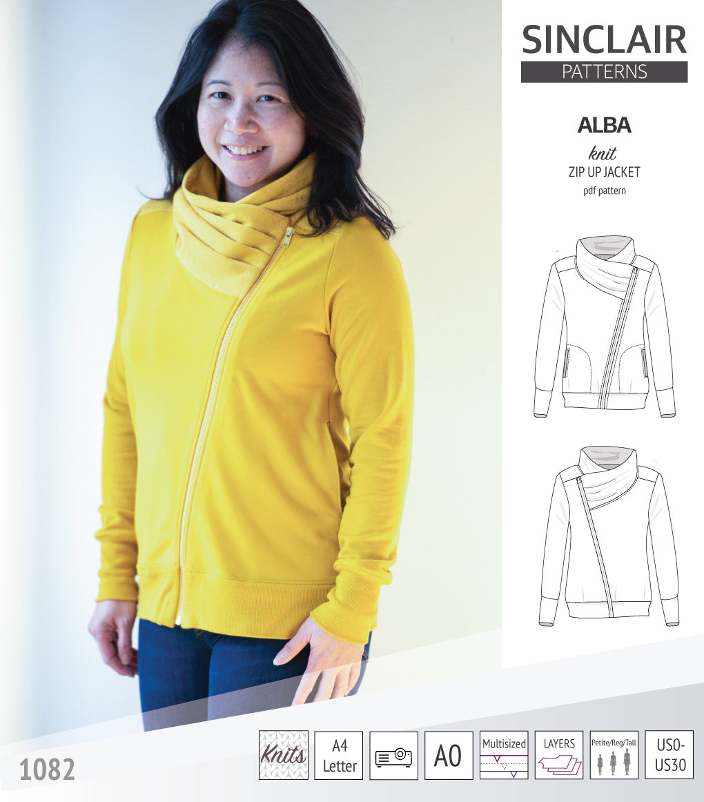 Alba zip up knit asymmetrical jacket with a cowl and side pockets PDF Sinclair Patterns