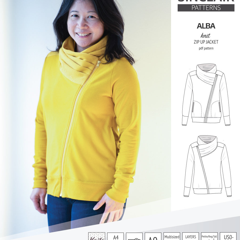 Sinclair Patterns S1082 Alba asymmetrical zip up zipper hoodie jacket for women with pockets pdf sewing pattern