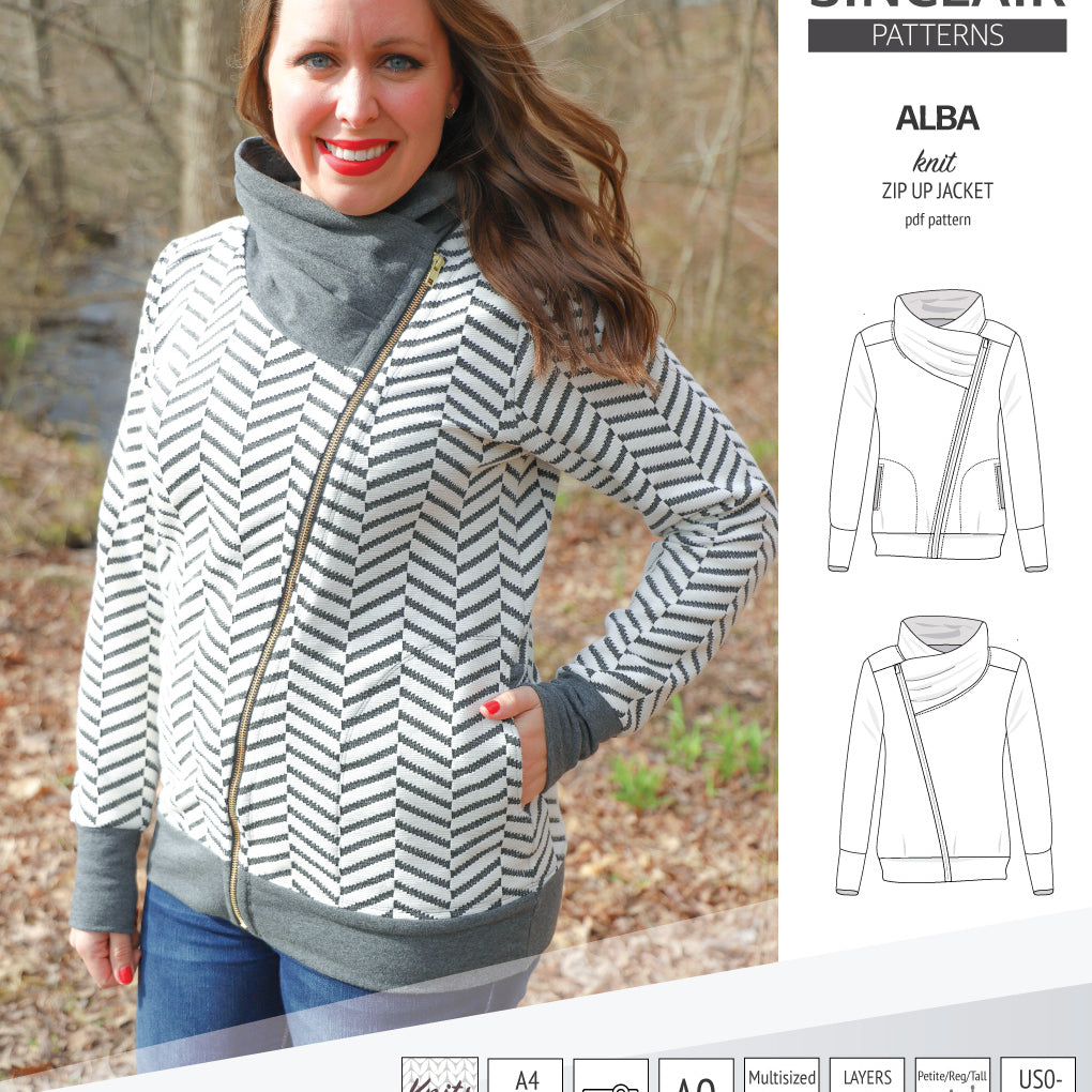 Sinclair Patterns S1082 Alba asymmetrical zip up zipper hoodie jacket for women with pockets pdf sewing pattern