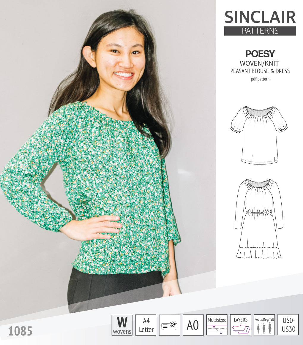 Sinclair Patterns S1085 Poesy peasant style blouse tunic and dress for woven and knit fabrics