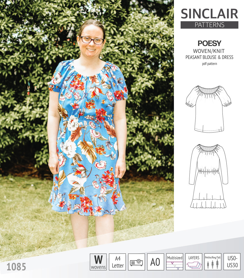 Sinclair Patterns S1085 Poesy peasant style blouse tunic and dress for woven and knit fabrics