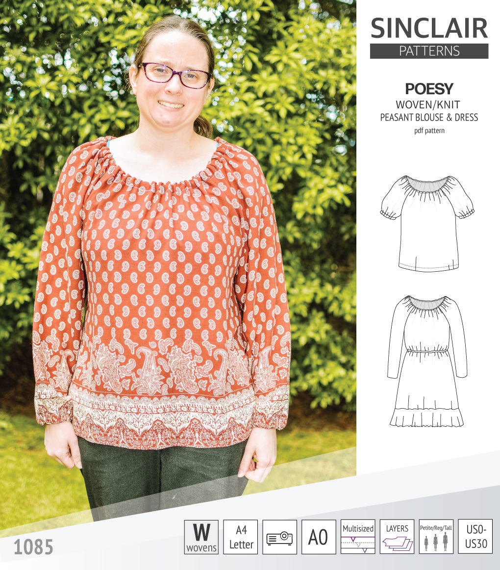 Sinclair Patterns S1085 Poesy peasant style blouse tunic and dress for woven and knit fabrics