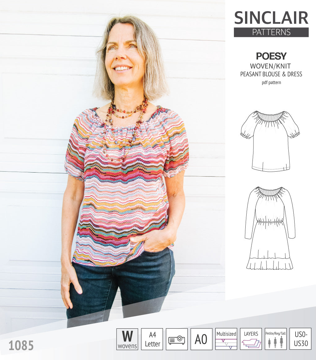 Sinclair Patterns S1085 Poesy peasant style blouse tunic and dress for woven and knit fabrics