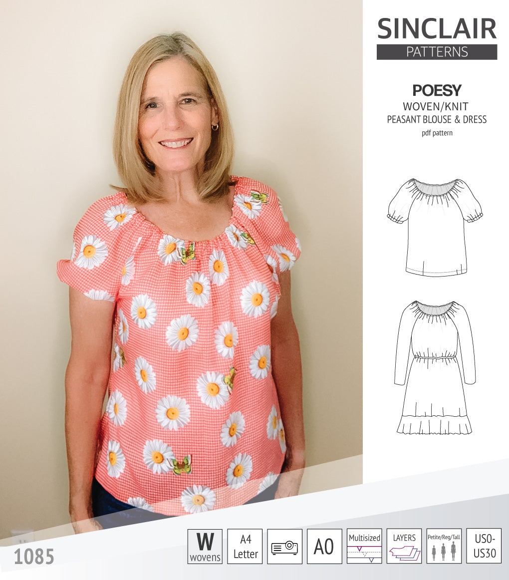 Sinclair Patterns S1085 Poesy peasant style blouse tunic and dress for woven and knit fabrics