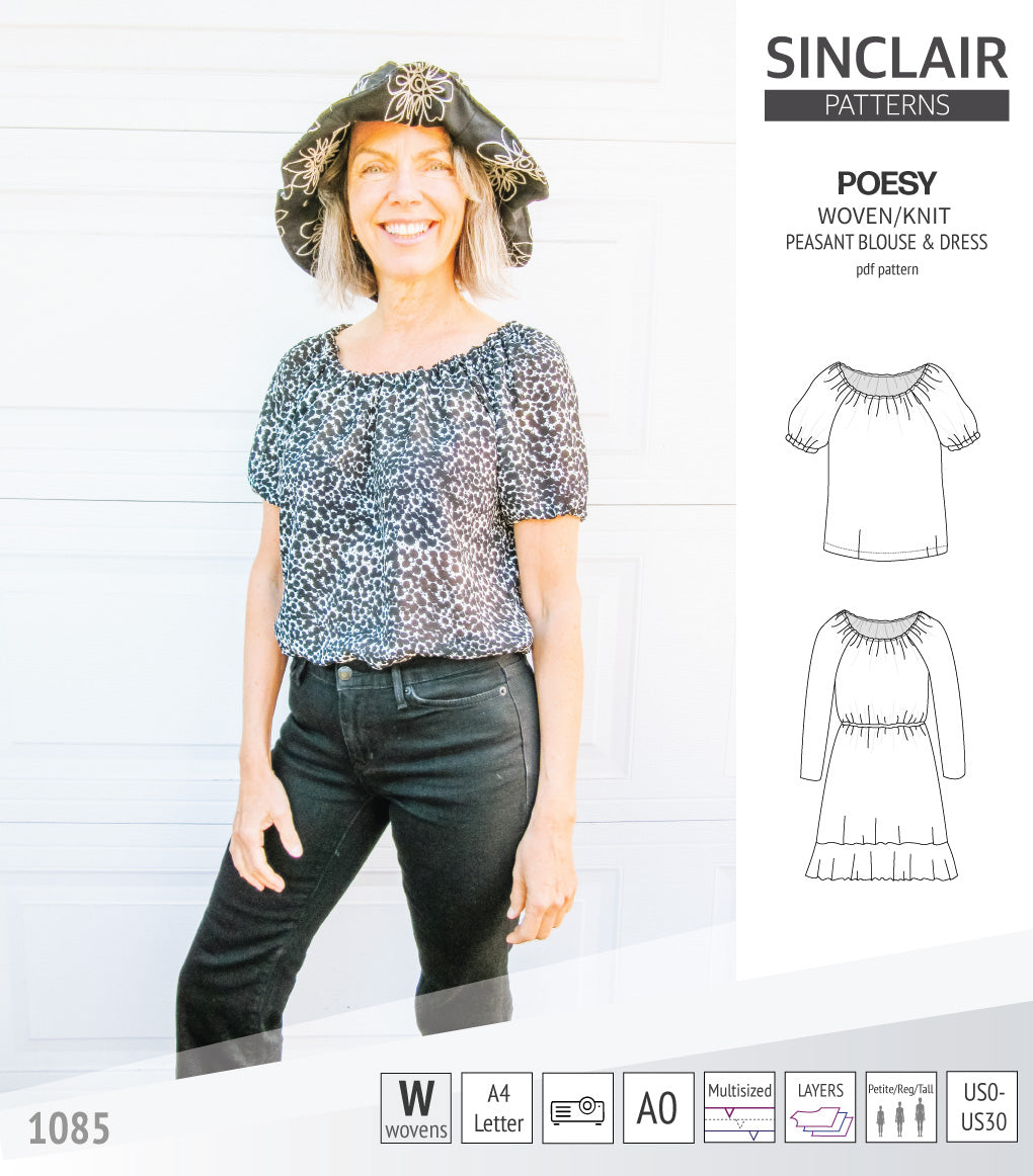 Sinclair Patterns S1085 Poesy peasant style blouse tunic and dress for woven and knit fabrics
