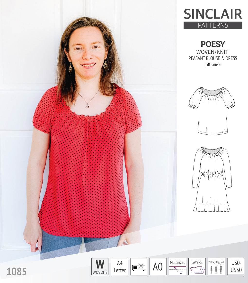 Sinclair Patterns S1085 Poesy peasant style blouse tunic and dress for woven and knit fabrics