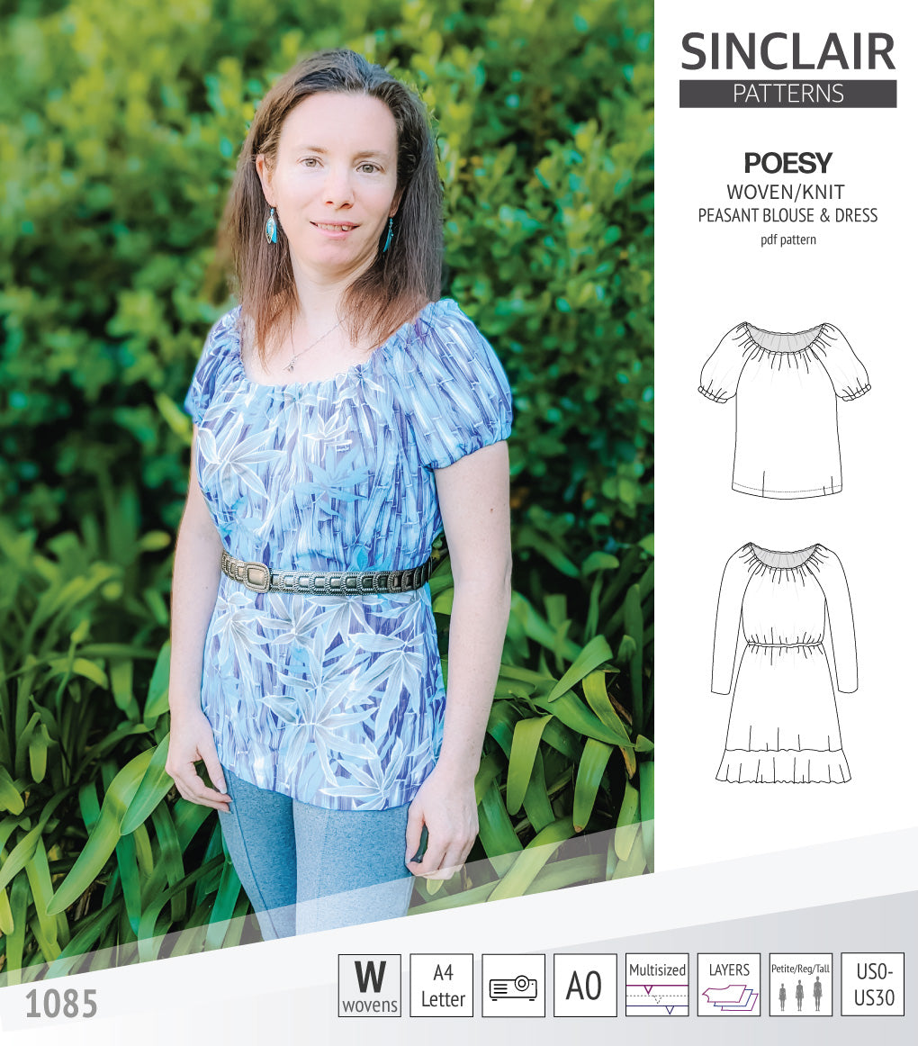 Sinclair Patterns S1085 Poesy peasant style blouse tunic and dress for woven and knit fabrics