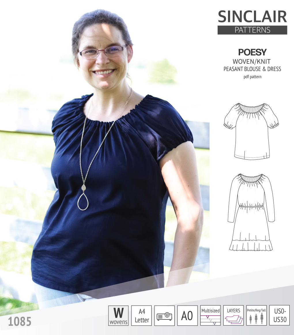 Sinclair Patterns S1085 Poesy peasant style blouse tunic and dress for woven and knit fabrics