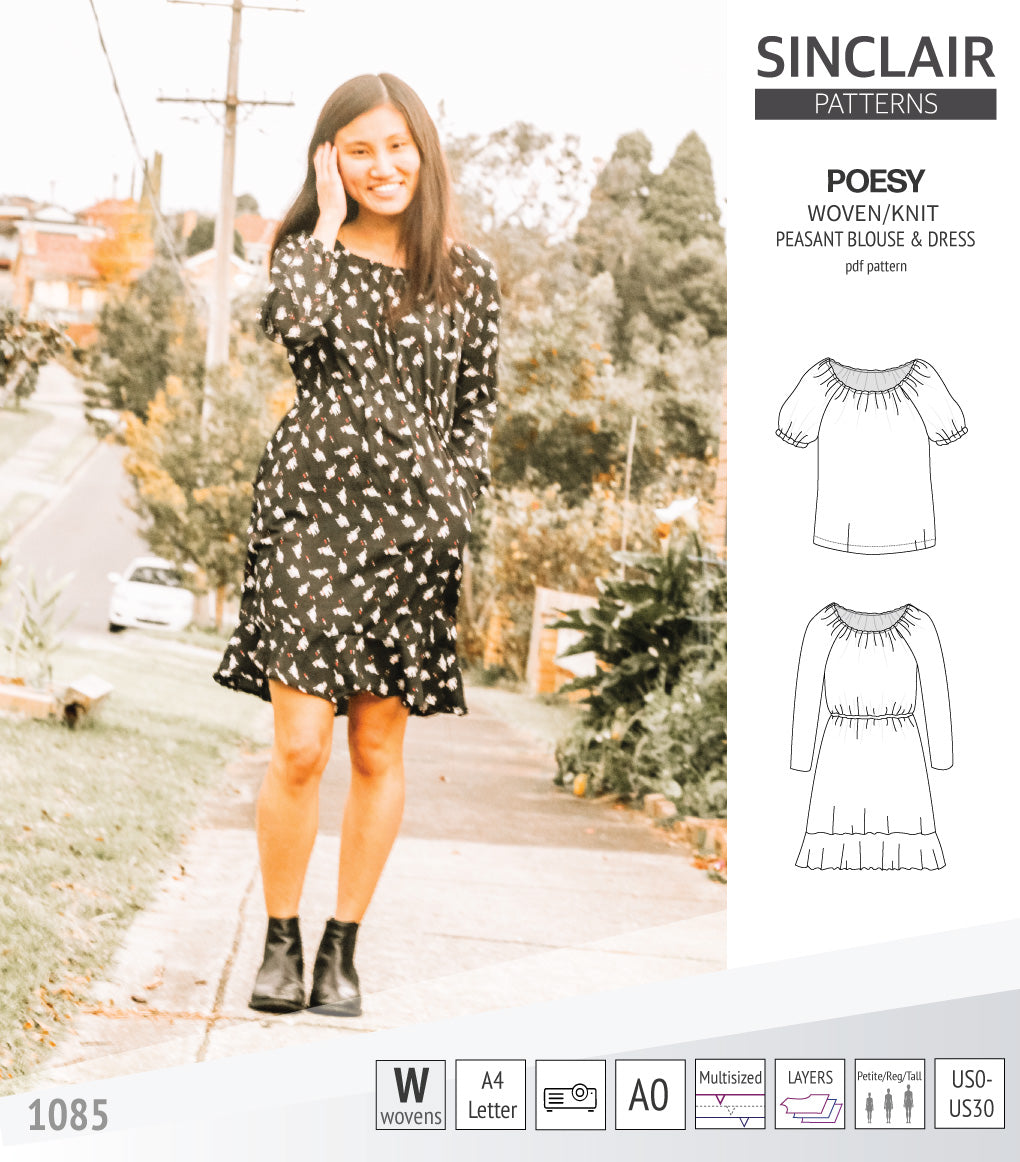 Sinclair Patterns S1085 Poesy peasant style blouse tunic and dress for woven and knit fabrics
