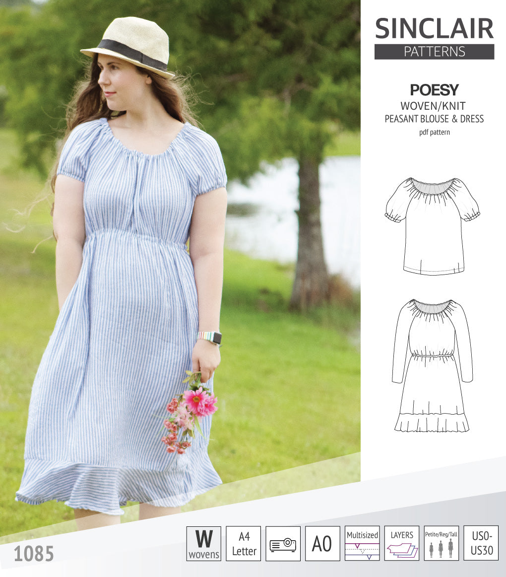 Sinclair Patterns S1085 Poesy peasant style blouse tunic and dress for woven and knit fabrics