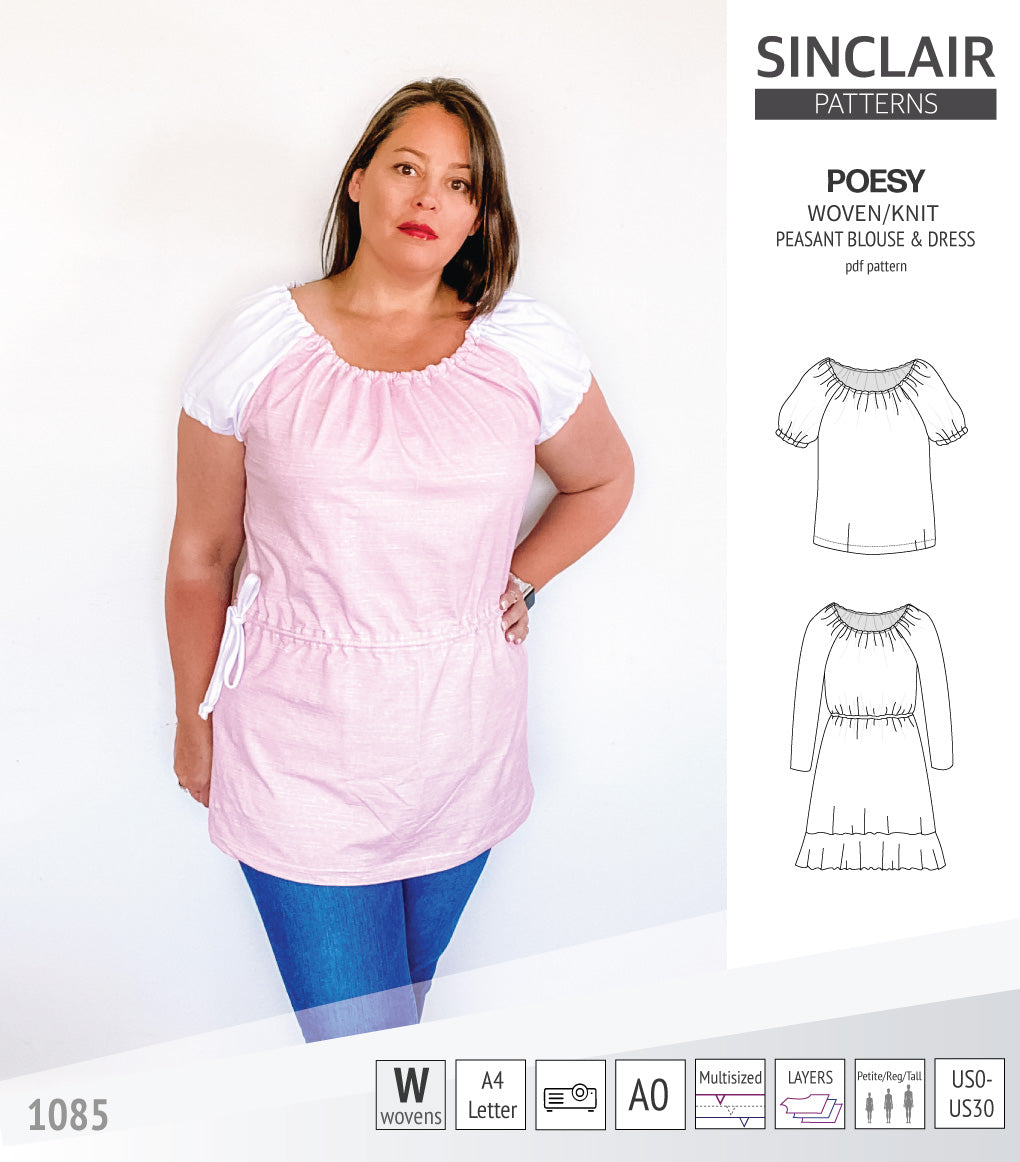 Sinclair Patterns S1085 Poesy peasant style blouse tunic and dress for woven and knit fabrics