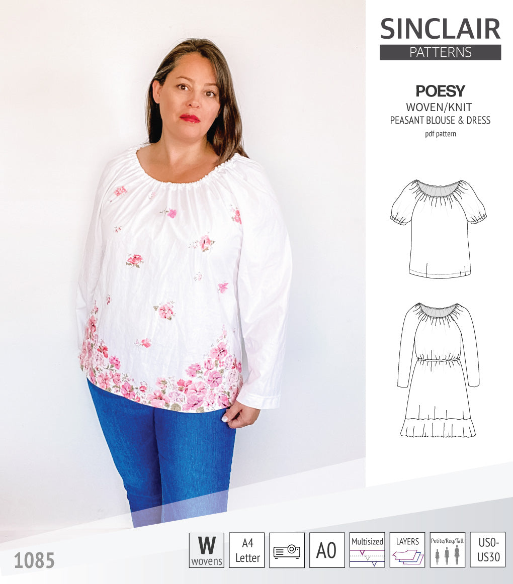 Sinclair Patterns S1085 Poesy peasant style blouse tunic and dress for woven and knit fabrics