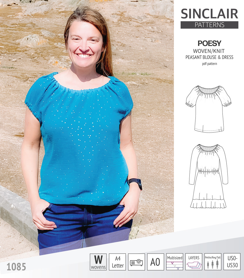 Sinclair Patterns S1085 Poesy peasant style blouse tunic and dress for woven and knit fabrics
