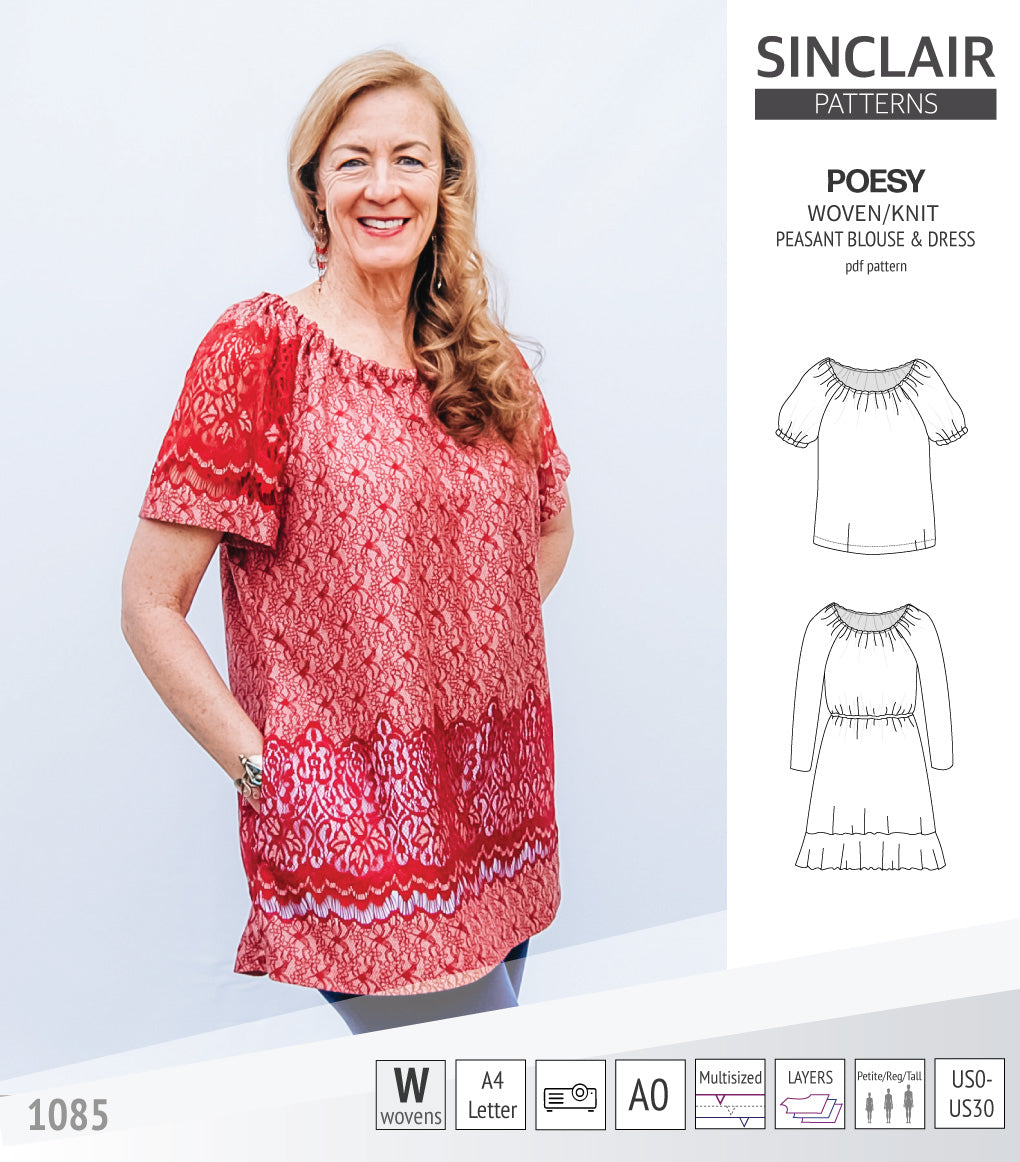 Sinclair Patterns S1085 Poesy peasant style blouse tunic and dress for woven and knit fabrics