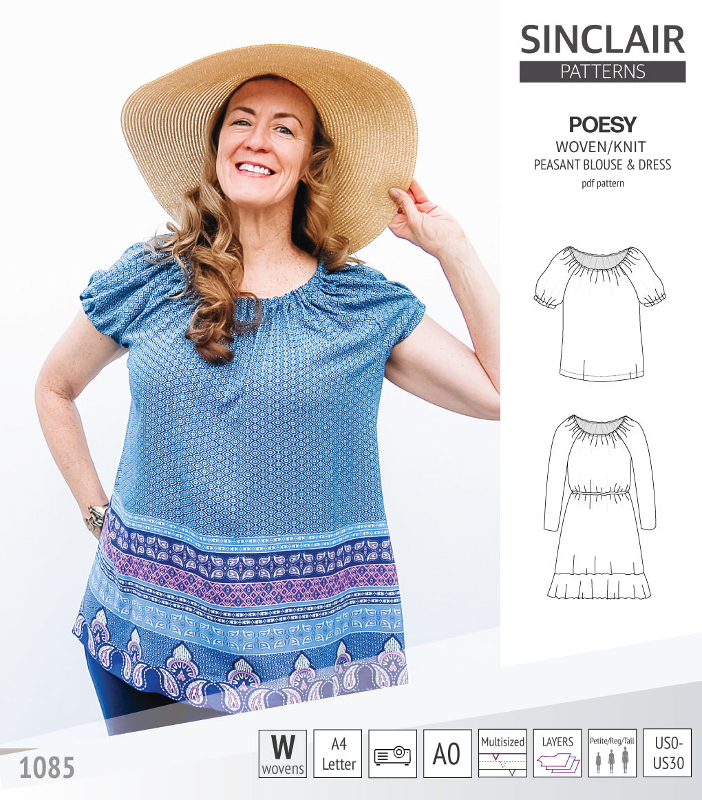 Sinclair Patterns S1085 Poesy peasant style blouse tunic and dress for woven and knit fabrics