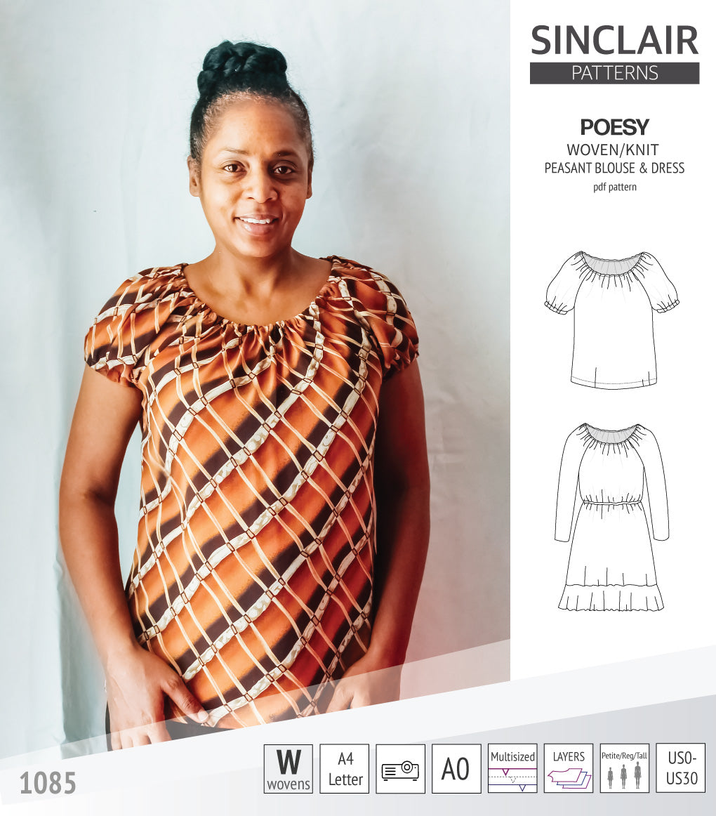 Sinclair Patterns S1085 Poesy peasant style blouse tunic and dress for woven and knit fabrics